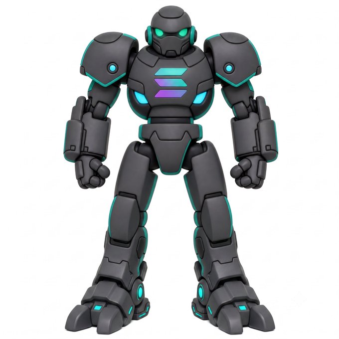A stylized humanoid robot figure with dark gray armor and glowing cyan and purple accents on its chest, shoulders, and joints stands against a white background. The figure features a sleek, futuristic design with large fists and sturdy, mechanical legs.