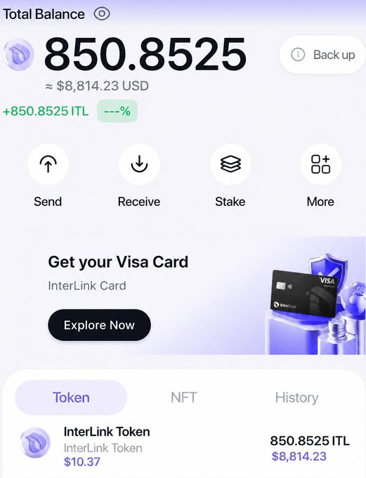 A cryptocurrency wallet interface showing a Total Balance of 850.8525 ITL (~$8,814.23 USD) with options for Send, Receive, Stake, and More, plus a promotion for an InterLink Visa Card.