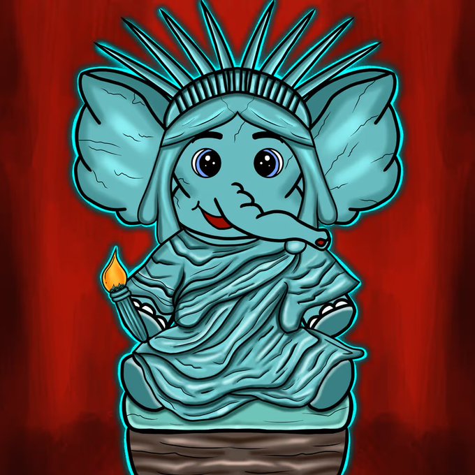 An illustration of a teal Statue of Liberty-styled elephant character holding a torch and wearing a flowing robe against a red curtain background.