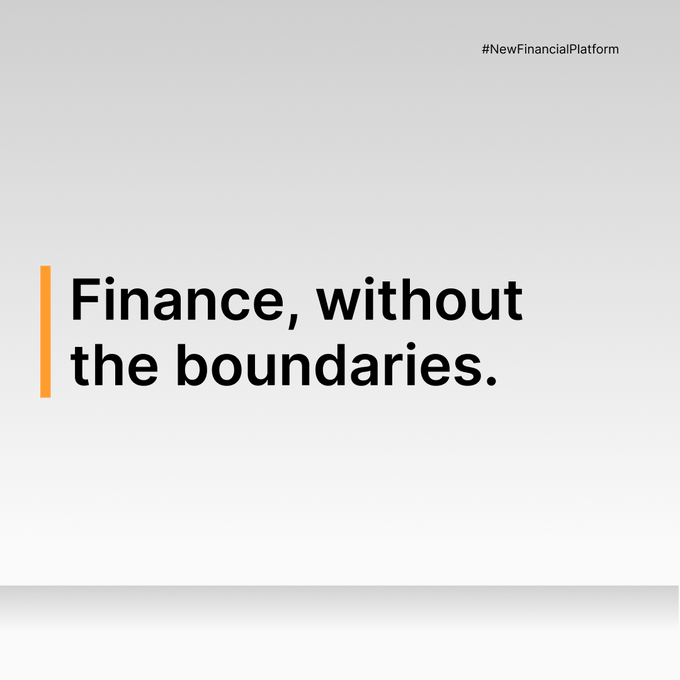 The image features a clean, minimalist design with the bold headline "Finance, without the boundaries." displayed alongside an orange accent bar, and includes the hashtag "#NewFinancialPlatform" in the top right corner.

The image complements the post by visually reinforcing the message of borderless finance, with the "without the boundaries" tagline directly echoing Bybit's pitch about a more connected financial future.