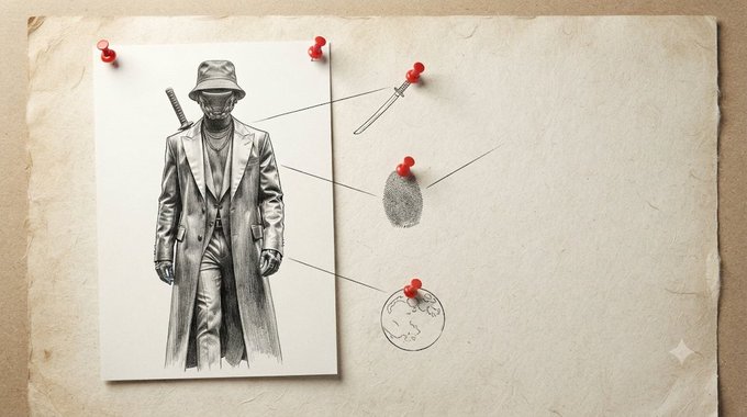A detective-style investigation board with a black and white sketch of a mysterious figure in a trench coat and hat, pinned alongside a knife, a fingerprint, and a globe, with red threads connecting the elements on aged paper.