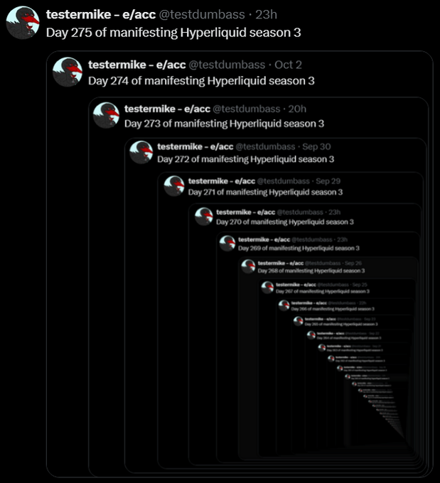 A screenshot of repeated tweets from user 'testermike - e/acc @testdumbass' reading 'Day 275 of manifesting Hyperliquid season 3' and earlier days, showing a recursive nesting effect.