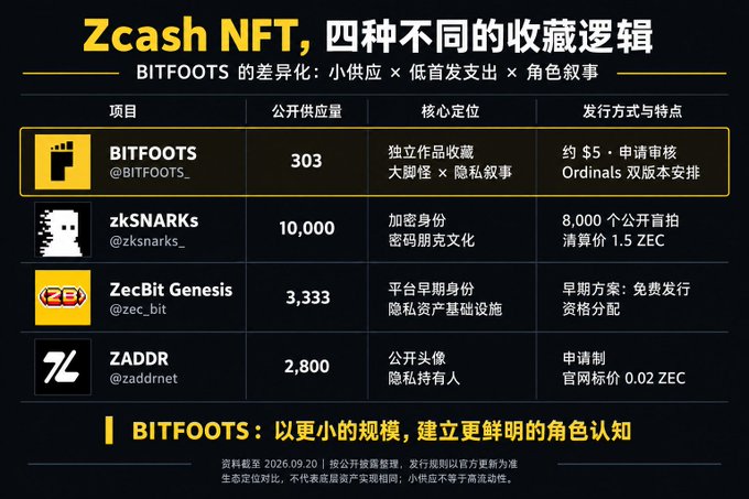 An informational graphic in Chinese titled 'Zcash NFT, 四种不同的收藏逻辑' comparing four NFT projects: BITFOOTS (303 supply), zkSNARKs (10,000), ZecBit Genesis (3,333), and ZADDR (2,800).