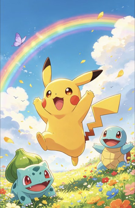A cheerful Pikachu leaps joyfully with arms raised alongside Squirtle in a vibrant field of flowers under a rainbow-filled sky, with a butterfly fluttering nearby—capturing the playful Pokémon spirit that the post references in remembering the late Pokémon enthusiast, Teacher Duna.