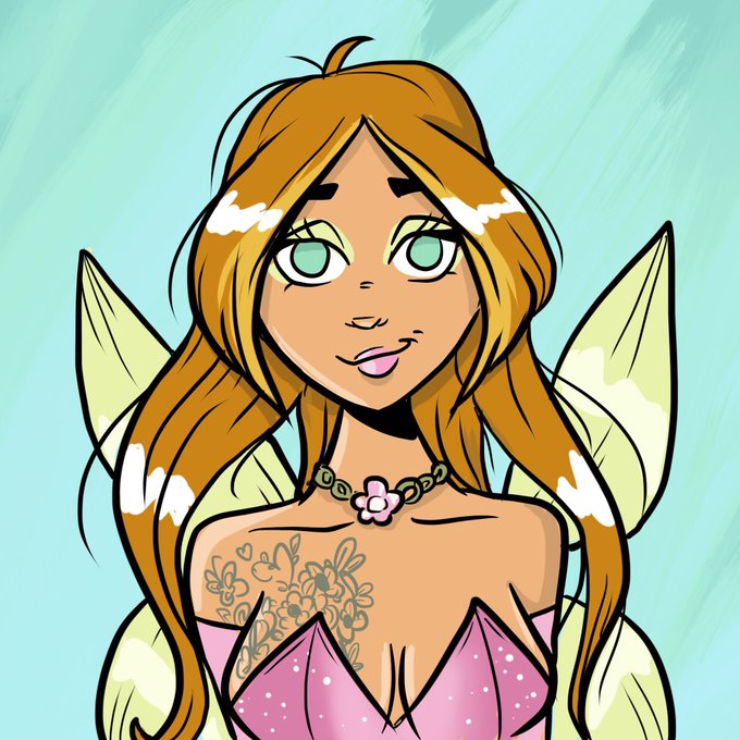 A cartoon-style illustration of a tanned fairy with long orange hair, teal eyes, and translucent green wings, wearing a pink petal top and a flower necklace, with intricate floral tattoos visible on her chest. The artwork complements the post by visually representing one of the fantasy-inspired female NFT characters from the MetaVixens collection.