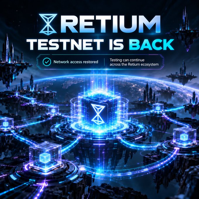 Sci-fi themed promotional graphic announcing 'RETIUM TESTNET IS BACK' with 'Network access restored' and 'Testing can continue across the Retium ecosystem' text.