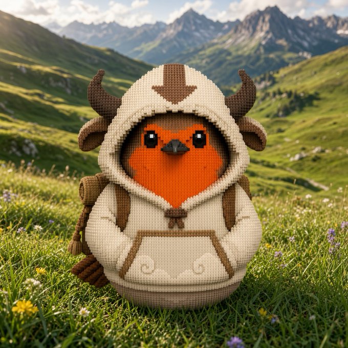 A 3D-rendered, knitted-style plush toy resembling a bird in a horned hood sits in a grassy alpine meadow with mountains in the background.