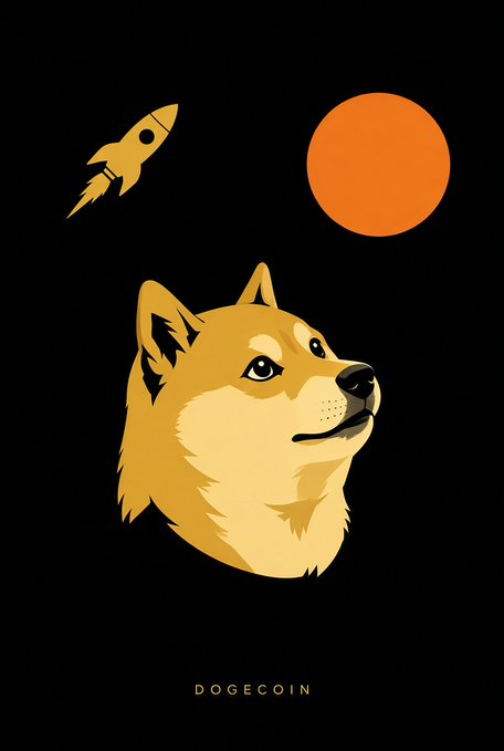 A stylized Dogecoin poster features the iconic Shiba Inu dog gazing upward at an orange sun, with a rocket ship soaring toward the moon in the background, visually representing Dogecoin's famous "to the moon" rallying cry. The word "DOGECOIN" appears at the bottom, tying the imagery directly to the $DOGE cryptocurrency.