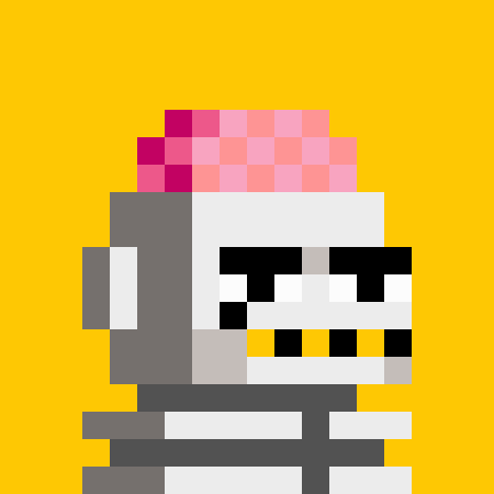 Pixel art style illustration of a gray robot character with a pink/red mohawk hairstyle against a solid yellow background.