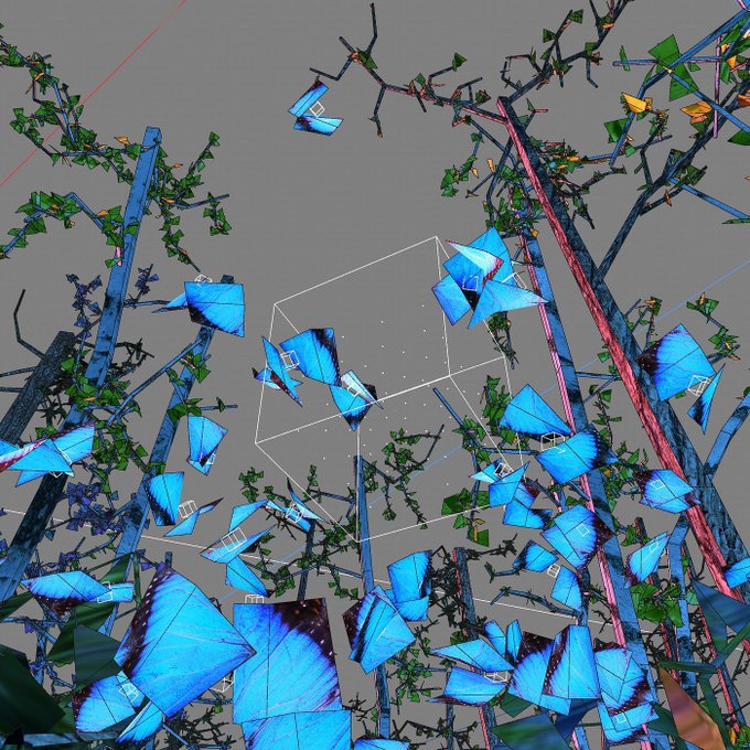 A chaotic 3D wireframe scene displays fractured, low-polygon blue and green foliage against a gray background, with an empty white cube frame floating at the center, capturing the glitchy, fragmented aesthetic characteristic of Diakur's "Ugly" NFT.