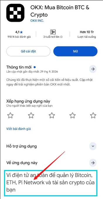 The image shows the App Store listing for "OKX: Mua Bitcoin BTC & Crypto" by OKX INC, rated 4.1 stars with 918 reviews and over 10 million downloads. A red arrow highlights the description noting it as a digital wallet for managing Bitcoin, ETH, Pi Network, and other crypto assets—directly supporting the post's promotional claim that Pi Network is featured prominently in OKX's supported cryptocurrencies.