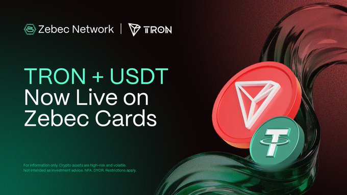 A promotional banner for Zebec Network and TRON announcing 'TRON + USDT Now Live on Zebec Cards' with 3D rendered TRX and USDT coin graphics.