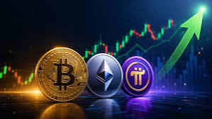 The image displays physical representations of Bitcoin (BTC), Ethereum (ETH), and Pi Network (PI) coins alongside a green upward-trending candlestick chart with a large arrow, visually reinforcing the post's discussion of Bitcoin's price surge to over $80,000 and its 4% daily gain. The bullish chart elements—rising candles, the up arrow, and crypto coin imagery—directly echo the post's focus on BTC's breakout and potential bounce near key resistance levels.