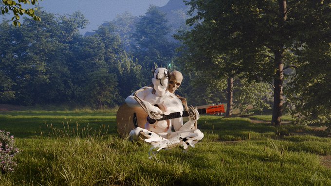 A sci-fi scene in a grassy meadow showing a cyborg-like figure with a human skull face and mechanical body playing an acoustic guitar, with a small white robot at its feet.
