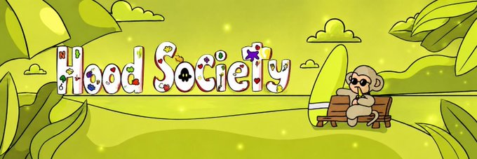 Colorful banner for 'Hood Society' featuring playful text decorated with fruit and nature illustrations, alongside a cartoon monkey sitting on a bench in a green jungle setting.