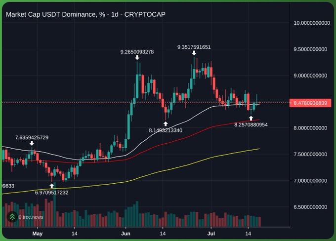 Cryptocurrency chart showing Market Cap USDT Dominance percentage on CRYPTOCAP, with a 1d timeframe displaying values between approximately 6.97% and 9.35% from May to July.