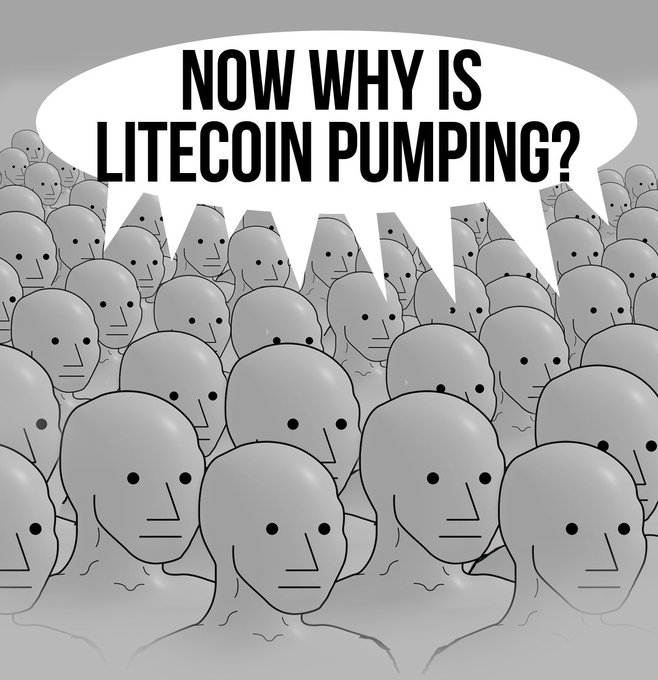 A meme featuring a crowd of identical grey faceless figures with one asking 'NOW WHY IS LITECOIN PUMPING?' in a speech bubble.