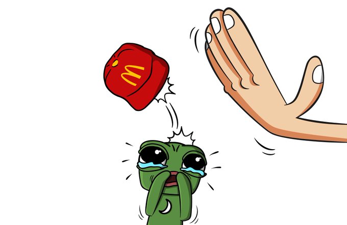 A cartoon illustration depicts a crying green character as a hand is about to strike it with a red hat featuring a yellow 'M' logo, resembling Ronald McDonald.