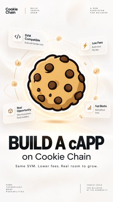 A promotional graphic for "Cookie Chain" featuring a large chocolate chip cookie in the center, with floating tags highlighting "SVM Compatible", "Low Fees", "Real Opportunity", and "Fast Blocks", promoting to "BUILD A cAPP on Cookie Chain".