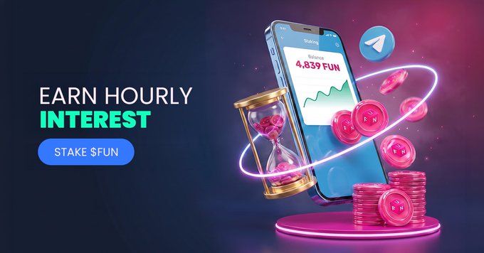 A promotional graphic advertising 'EARN HOURLY INTEREST' with a 'STAKE $FUN' button, showing a phone displaying a 'Staking' balance of 4,839 FUN alongside an hourglass and pink coins.