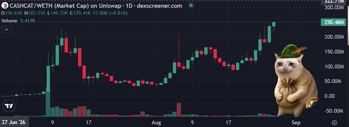 A candlestick chart from Dexscreener shows CASHCAT/WETH with a market cap of $250.48M, highlighting the token's strong upward price action on Uniswap alongside a mascot of a cat holding a money bag—visually reinforcing the post's claim that $CASHCAT has the culture, branding, and community to rival $DOGE's rise as a top memecoin on Robinhood Chain.