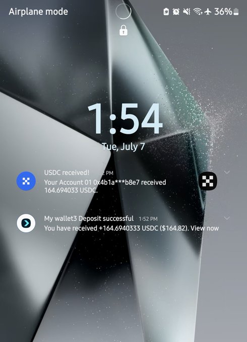 A smartphone lock screen displays two notifications confirming the receipt of 164.694033 USDC ($164.82) to an account ending in b8e7, with the time showing 1:54 on Tuesday, July 7. The notifications visually support the post's claim of receiving an unexpected $164 deposit from an unknown source.