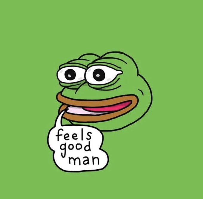 The popular "Feels Good Man" meme featuring the cartoon frog Pepe giving a thumbs-up, with a speech bubble reading "feels good man" against a green background.