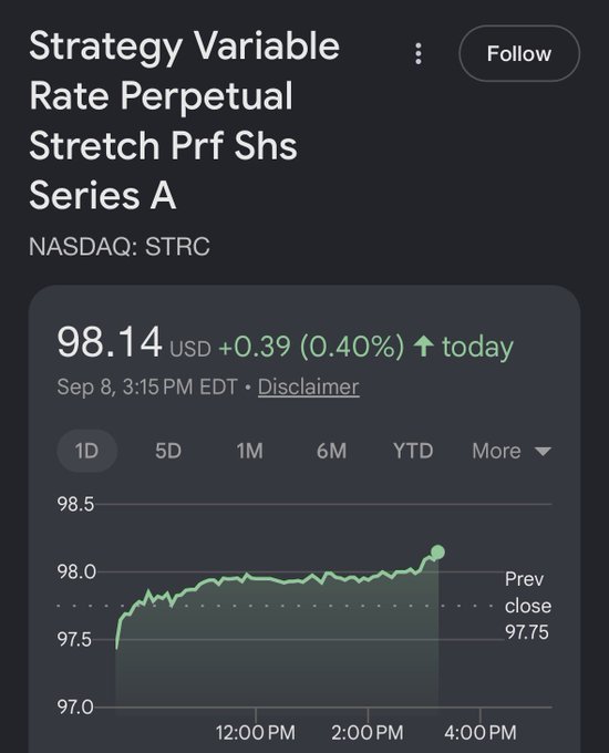 A stock chart for Strategy Variable Rate Perpetual Stretch Preferred Shares Series A (NASDAQ: STRC) shows shares at $98.14, up $0.39 (0.40%) today from a previous close of $97.75 as of Sep 8, 3:15 PM EDT. The image illustrates the post's concern about STRC trading dangerously close to its $100 par value, highlighting the "death spiral" risk referenced by the poster.