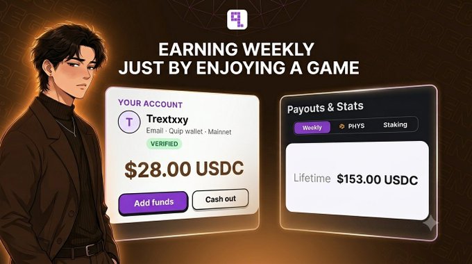 A promotional graphic titled 'EARNING WEEKLY JUST BY ENJOYING A GAME' showing an account for 'Tretxxy' (Quip wallet - Mainnet) with a $28.00 USDC balance and lifetime earnings of $153.00 USDC.