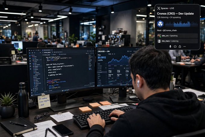 A person is working on a computer with dual monitors displaying code and charts, with an X Spaces LIVE overlay titled 'Cronos (CRO) - Dev Update' showing 1.2K listening and 24 speaking.