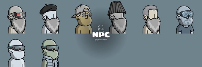 A collection of stylized NFT avatars featuring bearded characters wearing hats, goggles, and caps, with the text "NPC @npcconchain" displayed in the center.