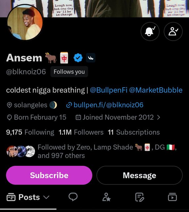 This image shows the Twitter profile page of Ansem (@blknoiz06) displaying 1.1M followers, 9,175 following, and a "Follows you" indicator, which relates to the post celebrating Ansem following the user back.