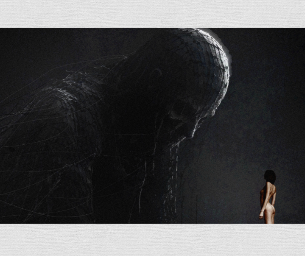 A towering, mesh‑covered silhouette looms over a lone nude figure in a dark void, echoing the line “on the floating shipless oceans, i did my best to smile. should i lie with death, my bride?” – a self‑reflection titled “und_r# kuma_obituary_1” by @Neve_arts2.
