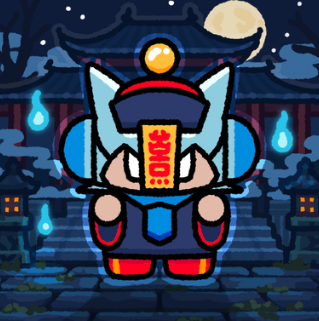 A cartoon character resembling a chibi figure wearing a blue and red traditional Asian-style outfit and hat, standing in front of a dark temple with floating blue flames.