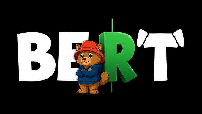 In the image, there's a cartoon cat wearing a blue sweater with a red hat standing next to a green pole that has "BERT" written on it. The caption below the image reads "The smart bet was always $BERT".