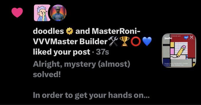 The image features a post that reads "In order to get your hands on... In order to get your hands on...", which suggests that there might be an item for sale or a contest related to the post. The post also includes a picture of a person and text about a digital collectible called "@doodles". This image is likely meant to promote the digital collectible or to share information about the post's content with viewers.