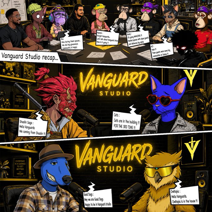 A multi-panel digital comic strip titled "Vanguard Studio recap..." featuring various anthropomorphic characters with dialogue bubbles introducing themselves, including NPCs, Shoolin Sage, Cats, Good Dogs, and Owhoppia.