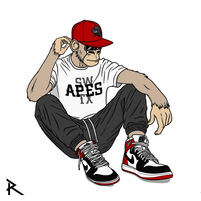 An illustrated monkey character wears a red cap, a white t-shirt reading "SW APES TX," and red, white, and black high-top sneakers while sitting casually, promoting the upcoming Bored Ape x Southwest Apes collaboration drop.
