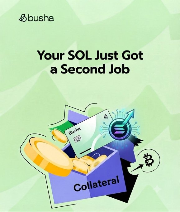 A Busha promotional graphic with the text 'Your SOL Just Got a Second Job' featuring cryptocurrency and collateral-themed illustrations.