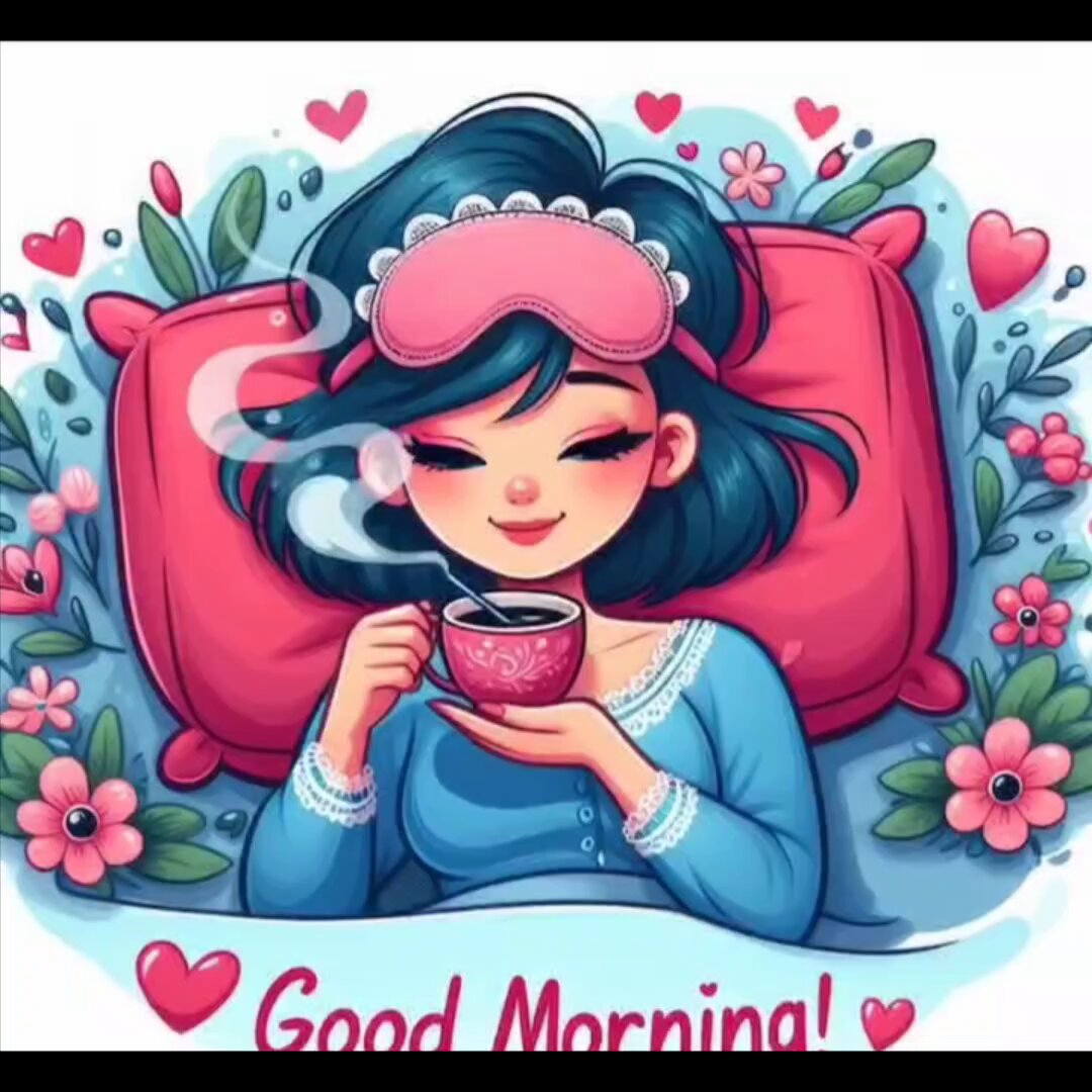 The image features a cartoon girl with blue hair, wearing a pink mask and holding a cup of coffee while lying down in bed. The background includes flowers and hearts, creating an atmosphere of love and warmth. The caption "Good morning!" suggests that the image is related to a social media post or message promoting a good morning routine or simply conveying a positive and uplifting sentiment.