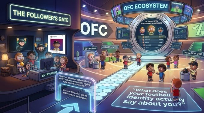 A colorful digital illustration of a futuristic hub titled 'OFC ECOSYSTEM', showing a 'Follower's Gate' entry point on the left and a central scoreboard with cartoon character avatars, set in a sleek, neon-lit virtual environment.