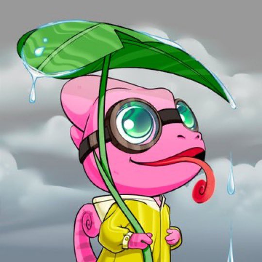 A digital illustration of a pink chameleon wearing round goggles and a yellow raincoat, holding a large green leaf as an umbrella with water droplets falling from it.