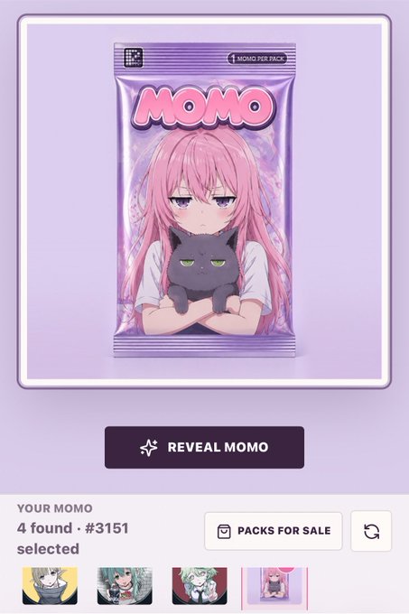 The image shows a digital "Momo Per Pack" trading card featuring a pink-haired anime girl holding a black cat, with the caption highlighting the fun unboxing experience of Momo NFT Dream Packs, where reveal mechanics add humor and excitement compared to standard minting or batch reveal methods. The pack is labeled "#3151" from "4 found."