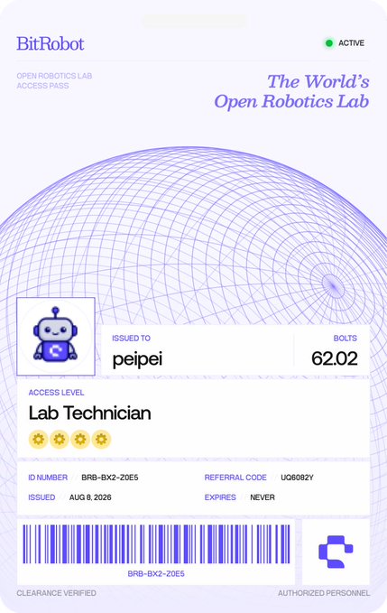 A purple-themed 'BitRobot' digital access pass titled 'The World's Open Robotics Lab' issued to 'peipei' as a 'Lab Technician' access level, showing 62.02 BOLTS, ID number BRB-BX2-20E5, referral code U06002Y, issued AUG 8, 2026, expires NEVER, with a barcode and 'CLEARANCE VERIFIED · AUTHORIZED PERSONNEL' markings.