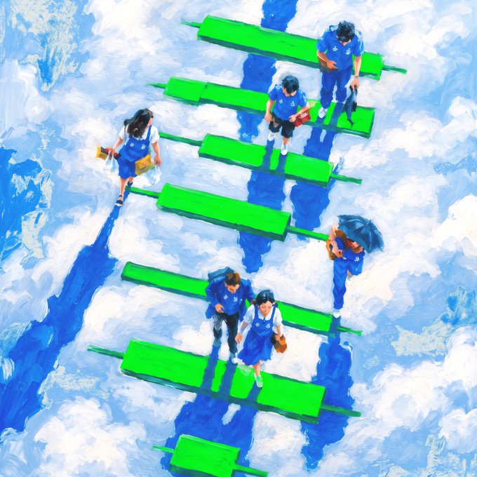 A stylized painting shows several figures in blue clothing carefully crossing bright green planks arranged like stepping stones across a sky of clouds. The imagery metaphorically represents the "only cross on green" concept from the post, illustrating cautious navigation—advancing only on safe, proven green paths rather than uncertain territory.