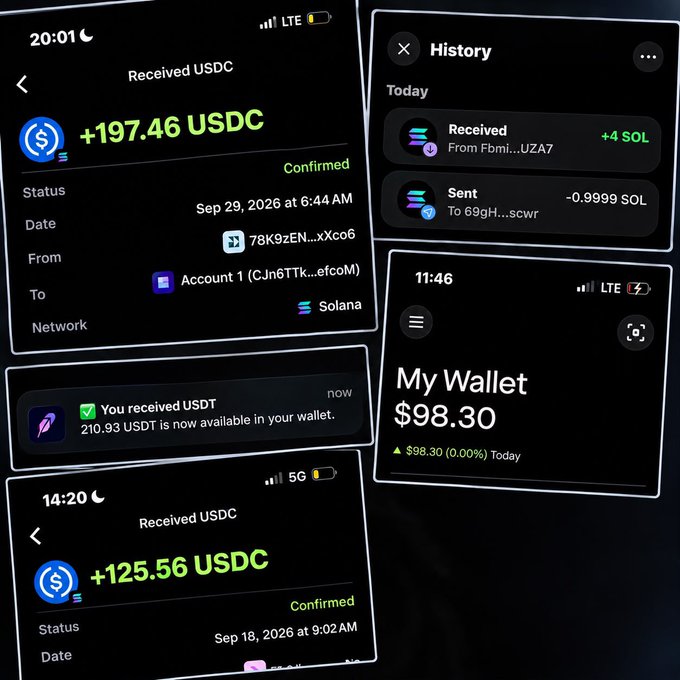 The image shows screenshots of cryptocurrency wallet transactions, including received USDC payments of +197.46 and +125.56, a received USDT of 210.93, and a wallet balance showing $98.30, along with a history of SOL transactions. These screenshots serve as visual proof of the crypto earnings referenced in the post, showcasing the web3 job payments received throughout September to back up the "$1,000+" claim.