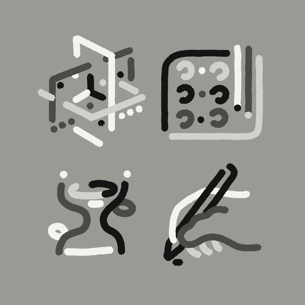 The image features a collection of four black and white line drawings, each depicting different objects or actions. These illustrations are arranged in a square format against a gray background. The first drawing shows a person holding a pen, while the second one depicts a clock with numbers on its face. The third illustration is a book, and the fourth one features a hand holding a pencil. Each of these drawings has a unique style and composition, showcasing the artist's creativity and skill in capturing everyday objects or actions through their art.