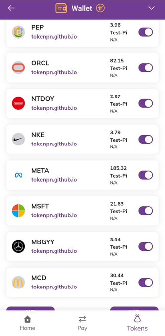 A mobile wallet screenshot displays test-Pi tokens with tickers mimicking major global brands, including PEP, ORCL, NTDOY, NKE, META, MSFT, MBGYY, and MCD, each showing a price and an N/A value. The visible list aligns with the post's observation about newly appeared test tokens on the Pi Testnet impersonating well-known companies like Nike, Meta, Microsoft, Oracle, Mastercard, and Nintendo.