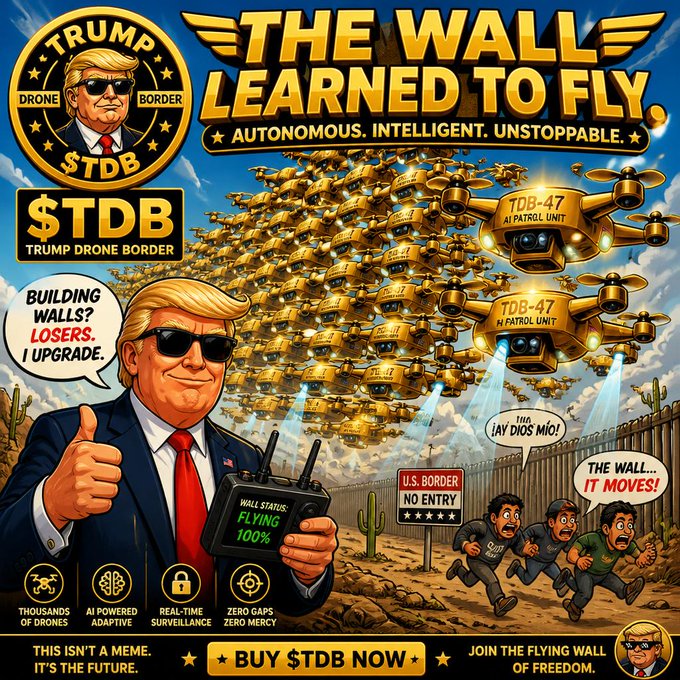 Meme cryptocurrency advertisement for $TDB (Trump Drone Border) token titled 'THE WALL LEARNED TO FLY' featuring Trump with a swarm of AI patrol drones at the U.S. border.