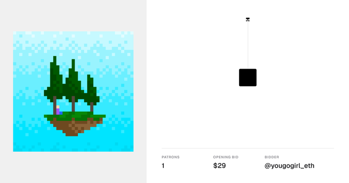 A digital NFT listing showing a pixel art floating island with trees on a blue background on the left, with a small icon and details on the right indicating 1 patron, an opening bid of $29, and bidder @yougogirl_eth.